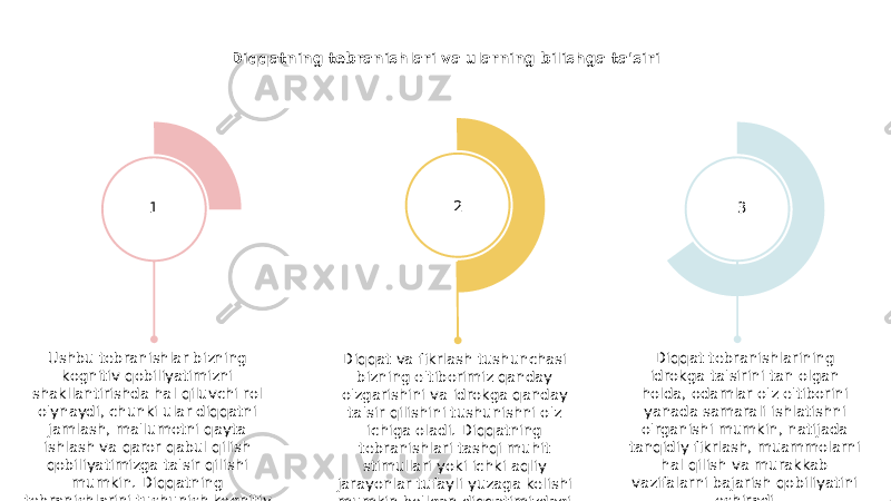 Diqqatning tebranishlari va ularning bilishga ta&#39;siri Diqqat va fikrlash tushunchasi bizning e&#39;tiborimiz qanday o&#39;zgarishini va idrokga qanday ta&#39;sir qilishini tushunishni o&#39;z ichiga oladi. Diqqatning tebranishlari tashqi muhit stimullari yoki ichki aqliy jarayonlar tufayli yuzaga kelishi mumkin bo&#39;lgan diqqatimizdagi o&#39;zgarishlarni anglatadi.Ushbu tebranishlar bizning kognitiv qobiliyatimizni shakllantirishda hal qiluvchi rol o&#39;ynaydi, chunki ular diqqatni jamlash, ma&#39;lumotni qayta ishlash va qaror qabul qilish qobiliyatimizga ta&#39;sir qilishi mumkin. Diqqatning tebranishlarini tushunish kognitiv samaradorlikni optimallashtirish va diqqatni boshqarishning samarali strategiyalarini ishlab chiqish haqida tushuncha beradi. Diqqat tebranishlarining idrokga ta&#39;sirini tan olgan holda, odamlar o&#39;z e&#39;tiborini yanada samarali ishlatishni o&#39;rganishi mumkin, natijada tanqidiy fikrlash, muammolarni hal qilish va murakkab vazifalarni bajarish qobiliyatini oshiradi.1 2 3 