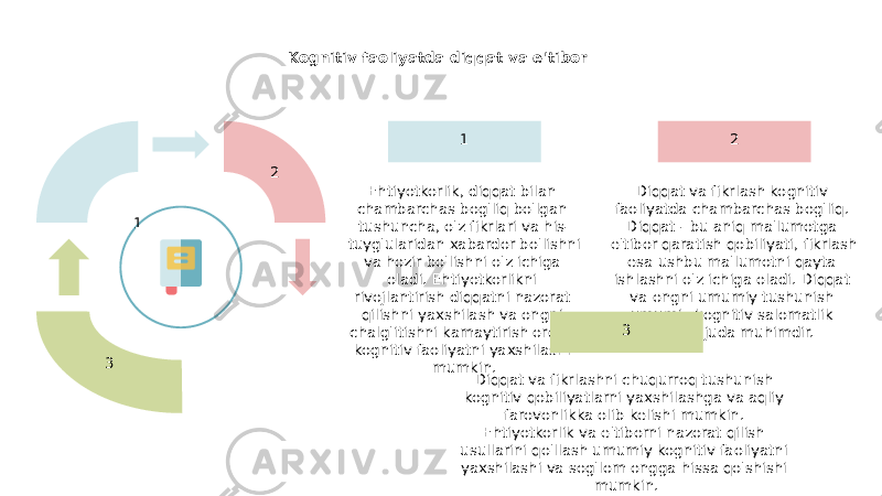 Kognitiv faoliyatda diqqat va e&#39;tibor 1 2 3 2 Diqqat va fikrlash kognitiv faoliyatda chambarchas bog&#39;liq. Diqqat - bu aniq ma&#39;lumotga e&#39;tibor qaratish qobiliyati, fikrlash esa ushbu ma&#39;lumotni qayta ishlashni o&#39;z ichiga oladi. Diqqat va ongni umumiy tushunish umumiy kognitiv salomatlik uchun juda muhimdir.1 Ehtiyotkorlik, diqqat bilan chambarchas bog&#39;liq bo&#39;lgan tushuncha, o&#39;z fikrlari va his- tuyg&#39;ularidan xabardor bo&#39;lishni va hozir bo&#39;lishni o&#39;z ichiga oladi. Ehtiyotkorlikni rivojlantirish diqqatni nazorat qilishni yaxshilash va ongni chalg&#39;itishni kamaytirish orqali kognitiv faoliyatni yaxshilashi mumkin. 3 Diqqat va fikrlashni chuqurroq tushunish kognitiv qobiliyatlarni yaxshilashga va aqliy farovonlikka olib kelishi mumkin. Ehtiyotkorlik va e&#39;tiborni nazorat qilish usullarini qo&#39;llash umumiy kognitiv faoliyatni yaxshilashi va sog&#39;lom ongga hissa qo&#39;shishi mumkin. 