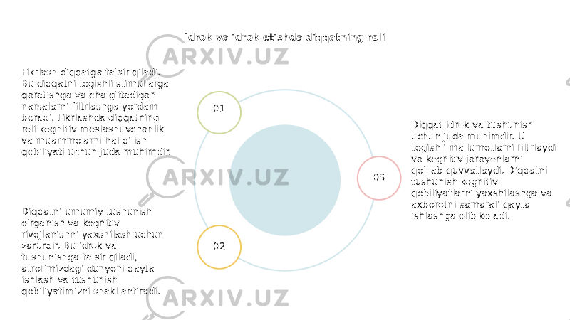 Idrok va idrok etishda diqqatning roli Diqqat idrok va tushunish uchun juda muhimdir. U tegishli ma&#39;lumotlarni filtrlaydi va kognitiv jarayonlarni qo&#39;llab-quvvatlaydi. Diqqatni tushunish kognitiv qobiliyatlarni yaxshilashga va axborotni samarali qayta ishlashga olib keladi.01 02 03Fikrlash diqqatga ta&#39;sir qiladi. Bu diqqatni tegishli stimullarga qaratishga va chalg&#39;itadigan narsalarni filtrlashga yordam beradi. Fikrlashda diqqatning roli kognitiv moslashuvchanlik va muammolarni hal qilish qobiliyati uchun juda muhimdir. Diqqatni umumiy tushunish o&#39;rganish va kognitiv rivojlanishni yaxshilash uchun zarurdir. Bu idrok va tushunishga ta&#39;sir qiladi, atrofimizdagi dunyoni qayta ishlash va tushunish qobiliyatimizni shakllantiradi. 