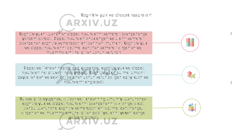 Kognitiv yuk va diqqat resurslari Diqqat va fikrlash haqida gap ketganda, kognitiv yuk va diqqat resurslari hal qiluvchi rol o&#39;ynaydi. Kognitiv yuk - bu ma&#39;lumotni qayta ishlash va vazifani bajarish uchun zarur bo&#39;lgan aqliy kuch va resurslarni anglatadi.Kognitiv yukni tushunish diqqat resurslarini samarali boshqarishga yordam beradi. Diqqat resurslari cheklangan va ularni samarali boshqarish kognitiv samaradorlikni oshirishi mumkin. Kognitiv yuk va diqqat resurslarini optimallashtirish samarali o&#39;rganish va muammolarni hal qilish uchun zarurdir. Xulosa qilib aytganda, e&#39;tibor va fikrlashning umumiy tushunchasi kognitiv yuk va diqqat resurslarini boshqarishni o&#39;z ichiga oladi. Ushbu tushuncha kognitiv samaradorlikni optimallashtirishga, o&#39;rganish va muammolarni hal qilish qobiliyatlarini yaxshilashga yordam beradi. 