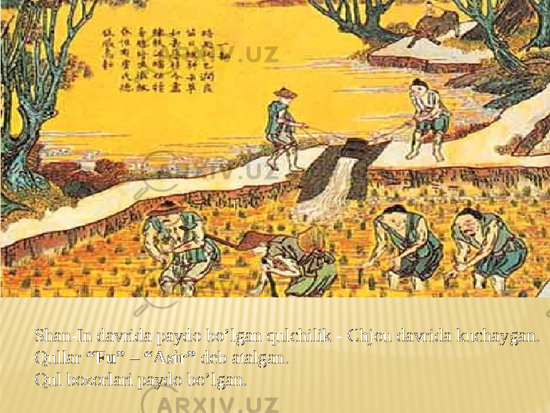 Shan-In davrida paydo bo’lgan qulchilik - Chjou davrida kuchaygan. Qullar “Fu” – “Asir” deb atalgan. Qul bozorlari paydo bo’lgan. 
