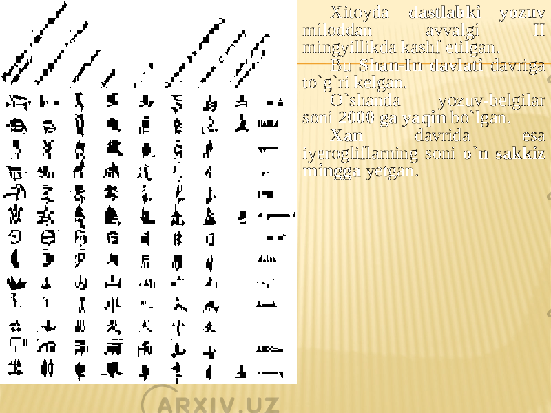 Xitoyda dastlabki yozuv miloddan avvalgi II mingyillikda kashf etilgan. Bu Shan-In davlati davriga to`g`ri kelgan. O`shanda yozuv-belgilar soni 2000 ga yaqin bo`lgan. Xan davrida esa iyerogliflarning soni o`n sakkiz mingga yetgan. 