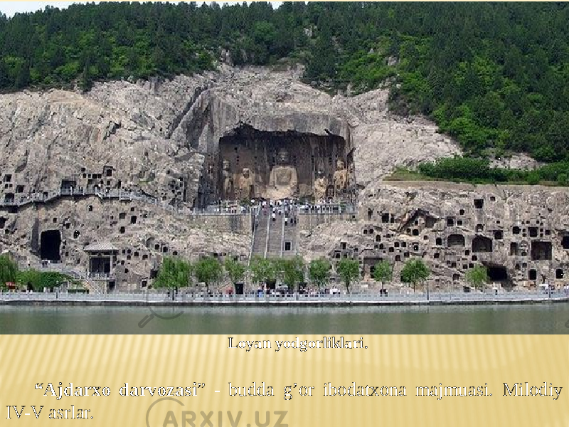 “ Ajdarxo darvozasi ” - budda g’or ibodatxona majmuasi. Milodiy IV-V asrlar. Loyan yodgorliklari. 