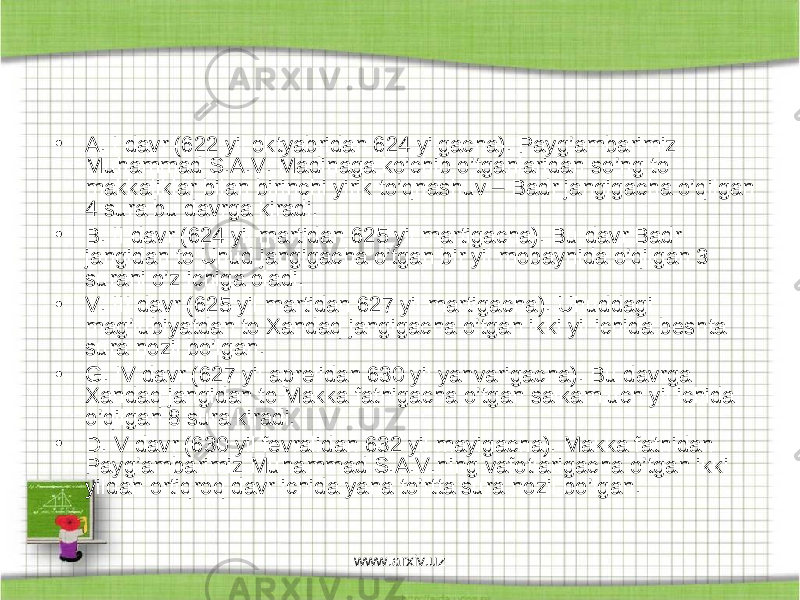 • A. I davr (622 yil oktyabridan 624 yilgacha). Payg’ambarimiz Muhammad S.A.V. Madinaga ko’chib o’tganlaridan so’ng to makkaliklar bilan birinchi yirik to’qnashuv – Badr jangigacha o’qilgan 4 sura bu davrga kiradi. • B. II davr (624 yil martidan 625 yil martigacha). Bu davr Badr jangidan to Uhud jangigacha o’tgan bir yil mobaynida o’qilgan 3 surani o’z ichiga oladi. • V. III davr (625 yil martidan 627 yil martigacha). Uhuddagi mag’lubiyatdan to Xandaq jangigacha o’tgan ikki yil ichida beshta sura nozil bo’lgan. • G. IV davr (627 yil aprelidan 630 yil yanvarigacha). Bu davrga Xandaq jangidan to Makka fathigacha o’tgan salkam uch yil ichida o’qilgan 8 sura kiradi. • D. V davr (630 yil fevralidan 632 yil mayigacha). Makka fathidan Pay g’ambarimiz Muhammad S.A.V. ning vafot lar igacha o’tgan ikki yildan ortiqroq davr ichida yana to’rtta sura nozil bo’lgan. www.arxiv.uz 