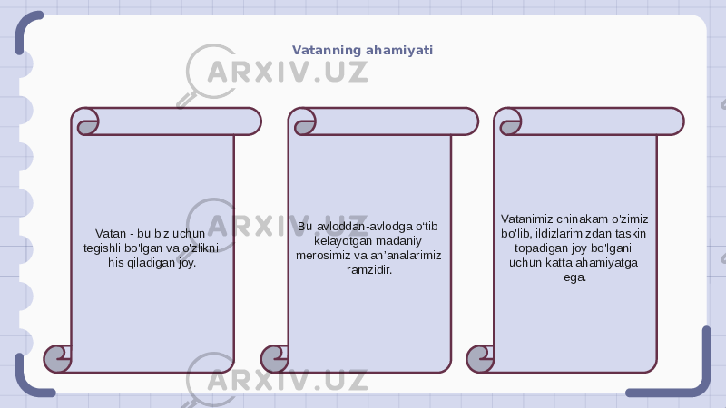 Vatanning ahamiyati Vatan - bu biz uchun tegishli bo&#39;lgan va o&#39;zlikni his qiladigan joy. Bu avloddan-avlodga o‘tib kelayotgan madaniy merosimiz va an’analarimiz ramzidir. Vatanimiz chinakam o&#39;zimiz bo&#39;lib, ildizlarimizdan taskin topadigan joy bo&#39;lgani uchun katta ahamiyatga ega. 