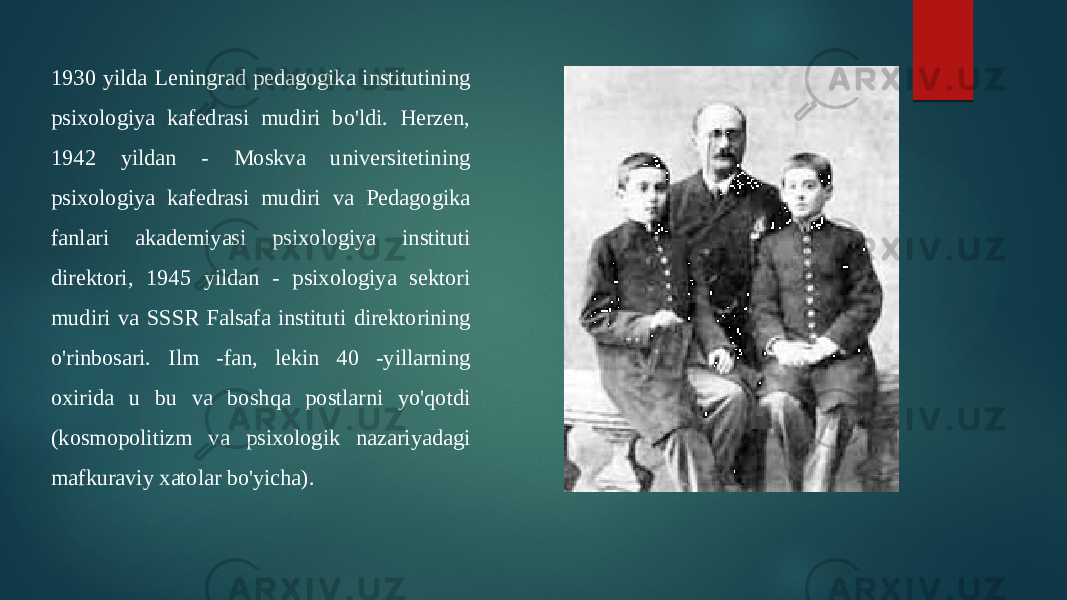 1930 yilda Leningrad pedagogika institutining psixologiya kafedrasi mudiri bo&#39;ldi. Herzen, 1942 yildan - Moskva universitetining psixologiya kafedrasi mudiri va Pedagogika fanlari akademiyasi psixologiya instituti direktori, 1945 yildan - psixologiya sektori mudiri va SSSR Falsafa instituti direktorining o&#39;rinbosari. Ilm -fan, lekin 40 -yillarning oxirida u bu va boshqa postlarni yo&#39;qotdi (kosmopolitizm va psixologik nazariyadagi mafkuraviy xatolar bo&#39;yicha). 