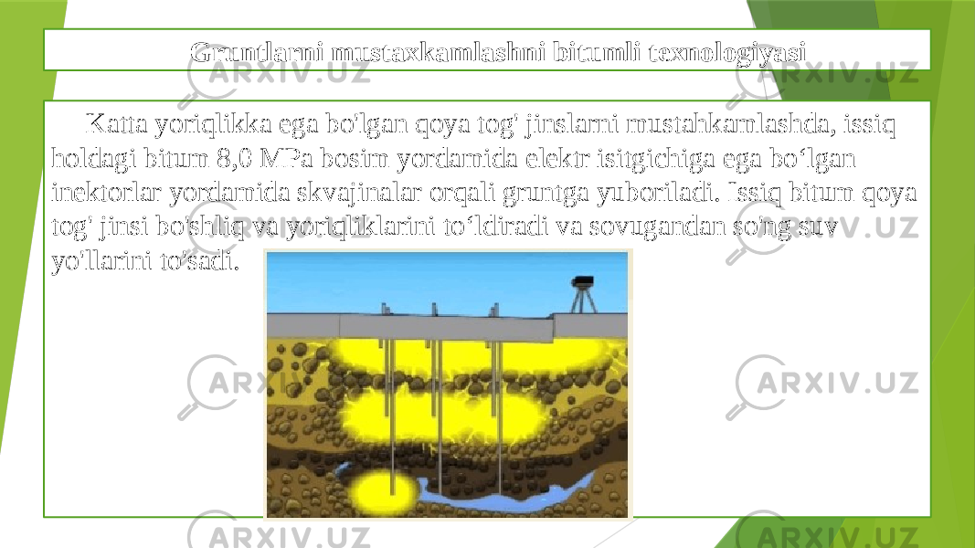 Gruntlarni mustaxkamlashni bitumli texnologiyasi Katta yoriqlikka ega bo&#39;lgan qoya tog&#39; jinslarni mustahkamlashda, issiq holdagi bitum 8,0 MPa bosim yordamida elektr isitgichiga ega bo‘lgan inektorlar yordamida skvajinalar orqali gruntga yuboriladi. Issiq bitum qoya tog&#39; jinsi bo&#39;shliq va yoriqliklarini to‘ldiradi va sovugandan so&#39;ng suv yo&#39;llarini to&#39;sadi. 