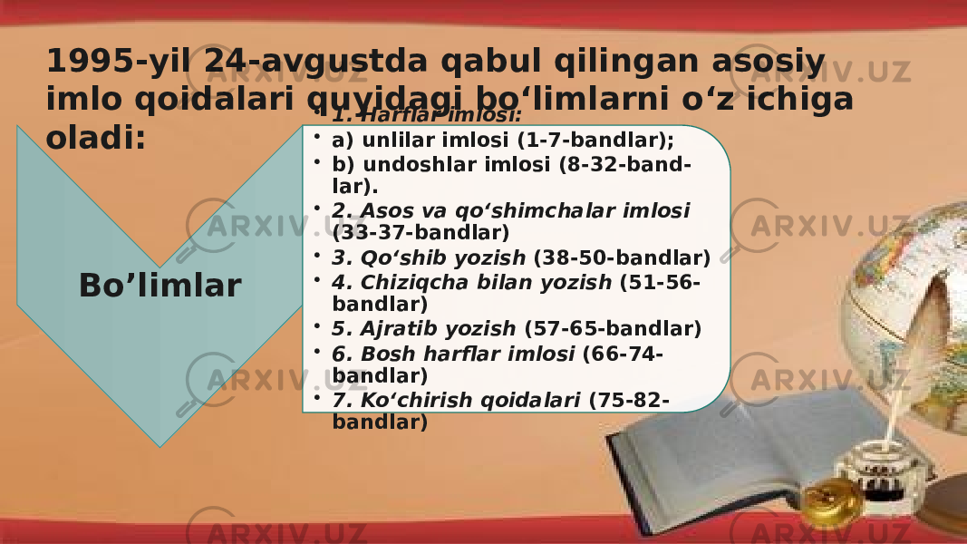 1995-yil 24-avgustda qabul qilingan asosiy imlo qoidalari quyidagi bo‘limlarni o‘z ichiga oladi: Bo’limlar • 1. Harflar imlosi: • a) unlilar imlosi (1-7-bandlar); • b) undoshlar imlosi (8-32-band - lar). • 2. Asos va qo‘shimchalar imlosi (33-37-bandlar) • 3. Qo‘shib yozish (38-50-bandlar) • 4. Chiziqcha bilan yozish (51-56- bandlar) • 5. Ajratib yozish (57-65-bandlar) • 6. Bosh harflar imlosi (66-74- bandlar) • 7. Ko‘chirish qoidalari (75-82- bandlar) 