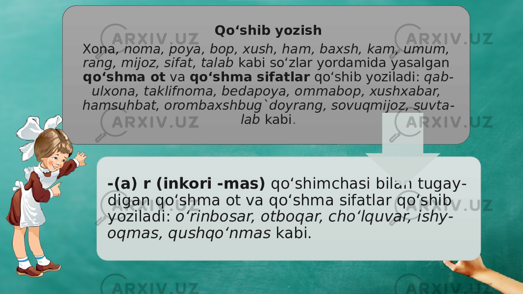 Qo‘shib yozish Xona , noma, poya, bop, xush, ham, baxsh, kam, umum, rang, mi joz, sifat, talab kabi sо‘zlar yordamida yasalgan qо‘shma ot va qо‘shma sifat lar qо‘shib yoziladi: qab - ulxona, taklifnoma, bedapoya, omma bop, xushxabar, hamsuhbat, orombaxshbug`doyrang, sovuqmijoz, suvta - lab kabi . -(a) r (inkori -mas) qо‘shimchasi bilan tugay - digan qо‘shma ot va qо‘shma sifatlar qо‘shib yoziladi: о‘rinbosar, otboqar, chо‘lquvar, ishy - oqmas, qushqо‘nmas kabi. 