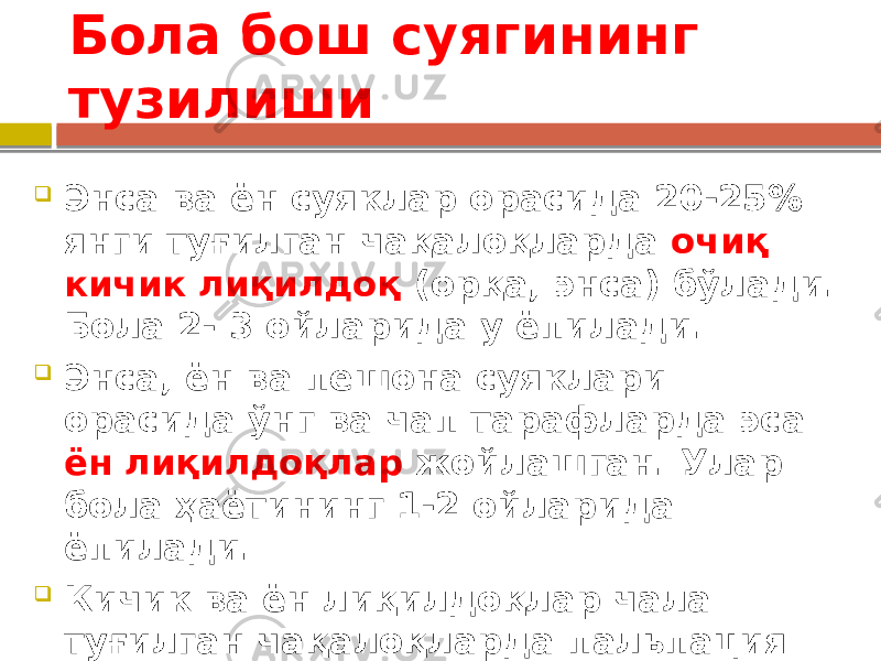 Бола бош суягининг тузилиши  Энса ва ён суяклар орасида 20-25% янги туғилган чақалоқларда очиқ кичик лиқилдоқ (орқа, энса) бўлади. Бола 2- 3 ойларида у ёпилади.  Энса, ён ва пешона суяклари орасида ўнг ва чап тарафларда эса ён лиқилдоқлар жойлашган. Улар бола ҳаётининг 1-2 ойларида ёпилади.  Кичик ва ён лиқилдоқлар чала туғилган чақалоқларда пальпация қилинади. 