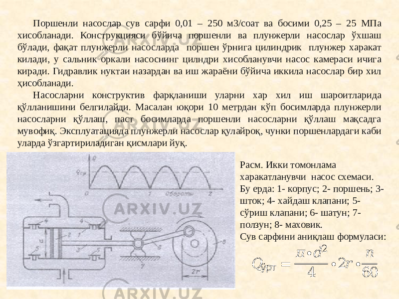 Поршенли насослар сув сарфи 0,01 – 250 м3/соат ва босими 0,25 – 25 МПа хисобланади. Конструкцияси бўйича поршенли ва плунжерли насослар ўхшаш бўлади, фақат плунжерли насосларда поршен ўрнига цилиндрик плунжер харакат килади, у сальник оркали насоснинг цилндри хисобланувчи насос камераси ичига киради. Гидравлик нуктаи назардан ва иш жараёни бўйича иккила насослар бир хил ҳисобланади. Насосларни конструктив фарқланиши уларни хар хил иш шароитларида қўлланишини белгилайди. Масалан юқори 10 метрдан кўп босимларда плунжерли насосларни қўллаш, паст босимларда поршенли насосларни қўллаш мақсадга мувофиқ. Эксплуатацияда плунжерли насослар қулайроқ, чунки поршенлардаги каби уларда ўзгартириладиган қисмлари йуқ. Расм. Икки томонлама харакатланувчи насос схемаси. Бу ерда: 1- корпус; 2- поршень; 3- шток; 4- хайдаш клапани; 5- сўриш клапани; 6- шатун; 7- ползун; 8- маховик. Сув сарфини аниқлаш формуласи:&#55349;&#56388; ўрт = &#55349;&#57099; ∙ &#55349;&#56401; 2 4 ∙ 2 &#55349;&#56415; ∙ &#55349;&#56411; 60 