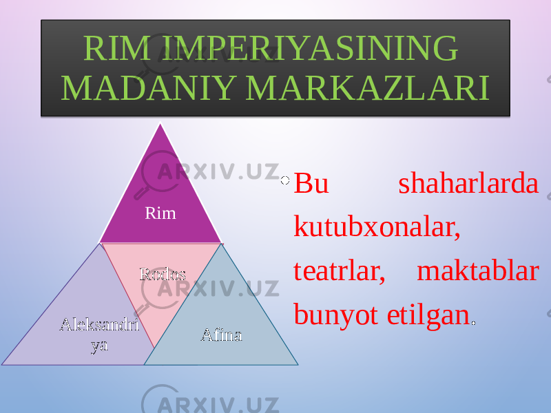 RIM IMPERIYASINING MADANIY MARKAZLARI Rim Aleksandri ya Rodos Afina • Bu shaharlarda kutubxonalar, teatrlar, maktablar bunyot etilgan .2D22200722203738 201D3C 