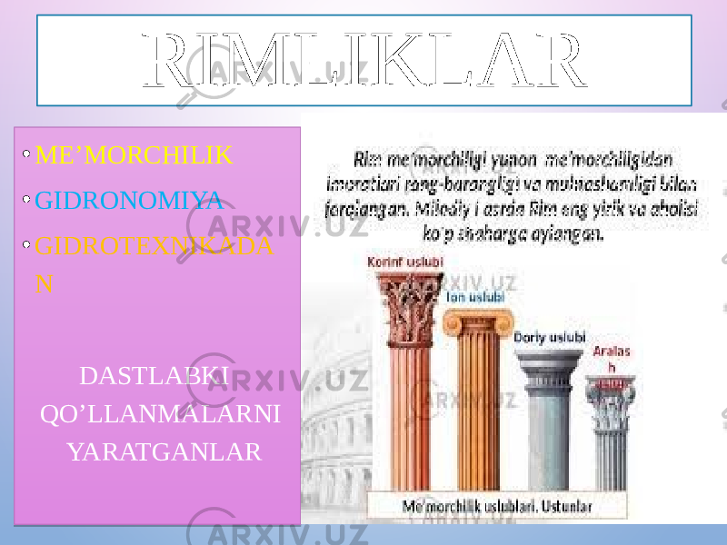 RIMLIKLAR • ME’MORCHILIK • GIDRONOMIYA • GIDROTEXNIKADA N DASTLABKI QO’LLANMALARNI YARATGANLAR 01 2038 07 01 3B 01 3B 31 3C 33 39 07070707 