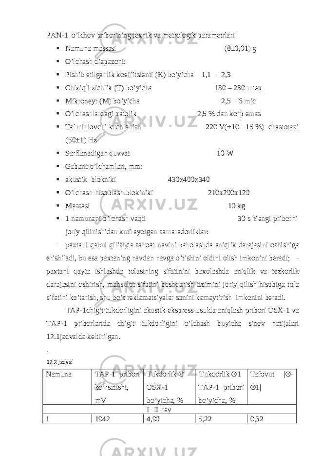 P А N-1 o’lchov priborining texnik va metrologik parametrlari § Namuna massasi (8 ± 0,01) g § O’lchash diapazoni: § Pishib etilganlik koeffitsienti (K) bo’yicha 1,1 - 2,3 § Chiziqli zichlik (T) bo’yicha 130 – 230 mtex § Mikroneyr (M) bo’yicha 2,5 - 6 mic § O’lchashlardagi xatolik 2,5 % dan ko’p emas § Ta`minlovchi kuchlanish 220 V(+10 -15 %) chastotasi (50±1) Hz § Sarflanadigan quvvat 10 W § Gabarit o’lchamlari, mm: § akustik blokniki 430x400x340 § O’lchash-hisoblash blokiniki 210x200x120 § Massasi 10 kg § 1 namunani o’lchash vaqti 30 s Yangi priborni joriy qilinishidan kutilayotgan samaradorliklar: - paxtani qabul qilishda sanoat navini baholashda aniqlik darajasini oshishiga erishiladi, bu esa paxtaning navdan navga o’tishini oldini olish imkonini beradi; - paxtani qayta ishlashda tolasining sifatinini baxolashda aniqlik va tezkorlik darajasini oshirish, mahsulot sifatini boshqarish tizimini joriy qilish hisobiga tola sifatini ko’tarish, shu bois reklamatsiyalar sonini kamaytirish imkonini beradi. T А P-1chigit tukdorligini akustik ekspress-usulda aniqlash pribori OSX-1 va T А P-1 priborlarida chigit tukdorligini o’lchash buyicha sinov natijalari 12.1jadvalda keltirilgan. . 12.2-jadval Namuna TАP-1 pribori ko’rsatishi, mV Tukdorlik Θ OSX-1 bo’yicha, % Tukdorlik Θ 1 T А P-1 pribori bo’yicha, % Tafovut |Θ- Θ1| I- II nav 1 1942 4,90 5,22 0,32 