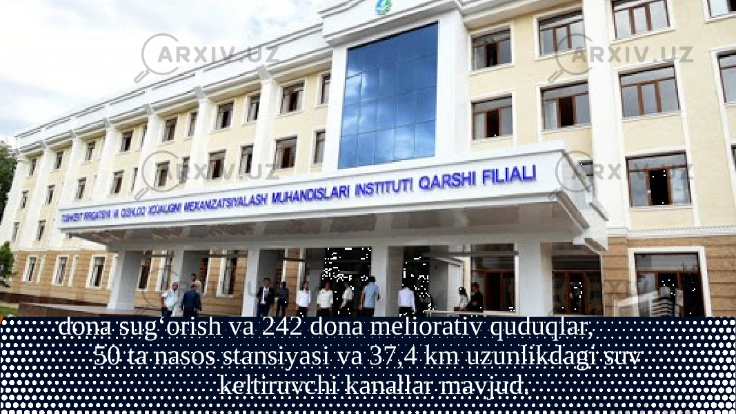  Viloyatda 13 ta suv ombori, 9 ta gidrouzel, Nasos stansiyalari va energetika boshqarmasi hisobida 1093 dona sug‘orish va 242 dona meliorativ quduqlar, 50 ta nasos stansiyasi va 37,4 km uzunlikdagi suv keltiruvchi kanallar mavjud. 