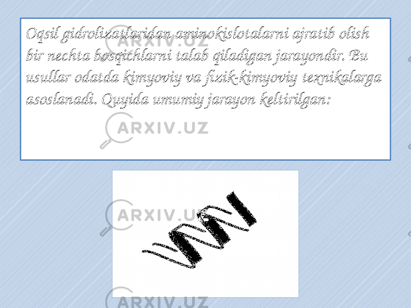 Oqsil gidrolizatlaridan aminokislotalarni ajratib olish bir nechta bosqichlarni talab qiladigan jarayondir. Bu usullar odatda kimyoviy va fizik-kimyoviy texnikalarga asoslanadi. Quyida umumiy jarayon keltirilgan: 