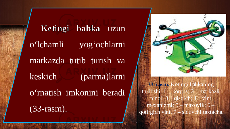 Ketingi babka uzun o‘lchamli yog‘ochlarni markazda tutib turish va keskich (parma)larni o‘rnatish imkonini beradi (33-rasm). 33-rasm. Ketingi babkaning tuzilishi: 1 – korpus; 2 – markazli pinol; 3 – qisqich; 4 – vint mexanizmi; 5 – maxovik; 6 – qotirgich vint, 7 – siquvchi taxtacha. 