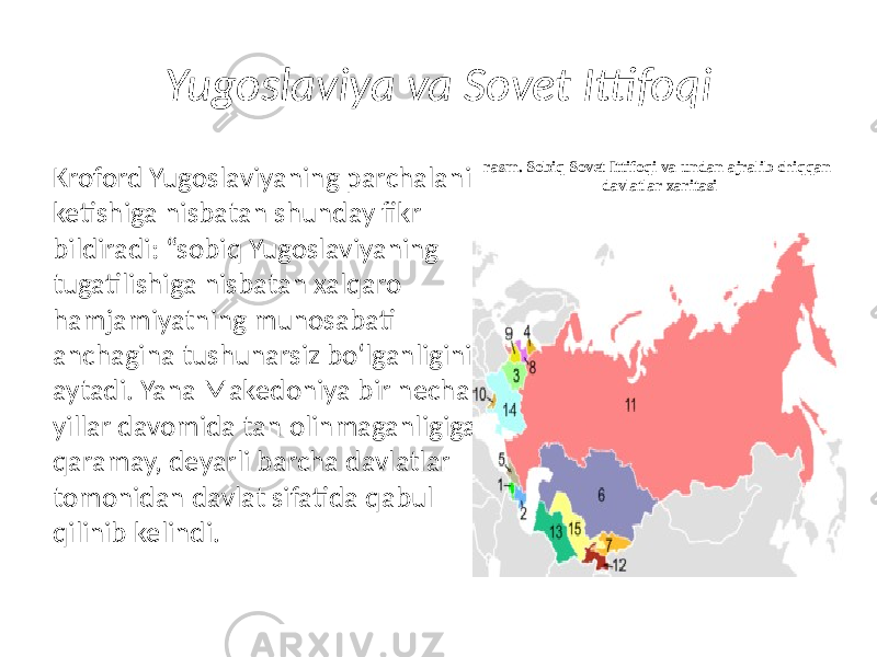 Yugoslaviya va Sovet Ittifoqi Kroford Yugoslaviyaning parchalanib ketishiga nisbatan shunday fikr bildiradi: “sobiq Yugoslaviyaning tugatilishiga nisbatan xalqaro hamjamiyatning munosabati anchagina tushunarsiz bo‘lganligini aytadi. Yana Makedoniya bir necha yillar davomida tan olinmaganligiga qaramay, deyarli barcha davlatlar tomonidan davlat sifatida qabul qilinib kelindi. rasm. Sobiq Sovet Ittifoqi va undan ajralib chiqqan davlatlar xaritasi 