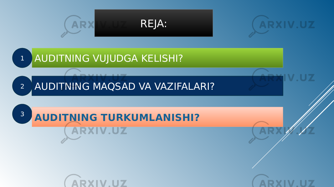 REJA: REJA: AUDITNING VUJUDGA KELISHI? 1 2 AUDITNING MAQSAD VA VAZIFALARI? 3 AUDITNING TURKUMLANISHI? 