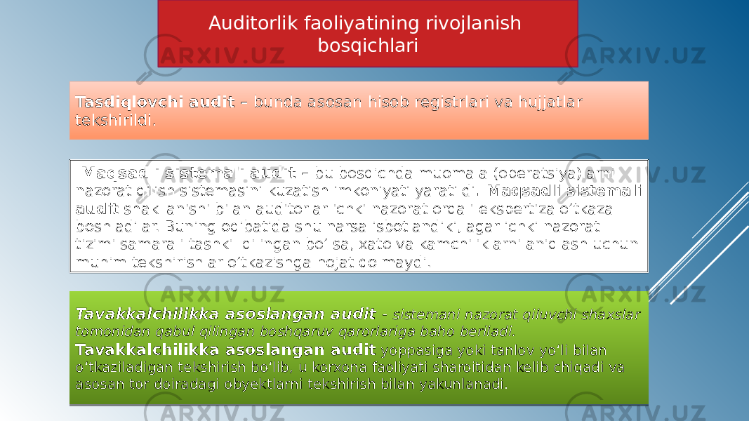 Auditorlik faoliyatining rivojlanish bosqichlari Tasdiqlovchi audit – bunda asosan hisob registrlari va hujjatlar tekshirildi. Maqsadli sistemali audit – bu bosqichda muomala (operatsiya)larni nazorat qilish sistemasini kuzatish imkoniyati yaratildi . Maqsadli sistemali audit shakllanishi bilan auditorlar ichki nazorat orqali ekspertiza o‘tkaza boshladilar. Buning oqibatida shu narsa isbotlandiki, agar ichki nazorat tizimi samarali tashkil qilingan bo‘lsa, xato va kamchiliklarni aniqlash uchun muhim tekshirishlar o‘tkazishga hojat qolmaydi. Tavakkalchilikka asoslangan audit - sistemani nazorat qiluvchi shaxslar tomonidan qabul qilingan boshqaruv qarorlariga baho beriladi. Tavakkalchilikka asoslangan audit yoppasiga yoki tanlov yo‘li bilan o‘tkaziladigan tekshirish bo‘lib, u korxona faoliyati sharoitidan kelib chiqadi va asosan tor doiradagi obyektlarni tekshirish bilan yakunlanadi. 08 2008 09 06 01 09 27 292F 1A 