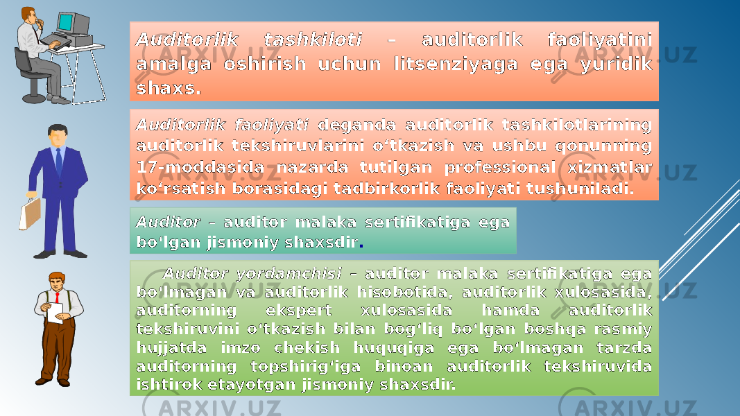 Auditorlik tashkiloti – auditorlik faoliyatini amalga oshirish uchun litsenziyaga ega yuridik shaxs. Auditorlik faoliyati deganda auditorlik tashkilotlarining auditorlik tekshiruvlarini o‘tkazish va ushbu qonunning 17-moddasida nazarda tutilgan professional xizmatlar ko‘rsatish borasidagi tadbirkorlik faoliyati tushuniladi. Auditor – auditor malaka sertifikatiga ega bo‘lgan jismoniy shaxsdir . Auditor yordamchisi – auditor malaka sertifikatiga ega bo‘lmagan va auditorlik hisobotida, auditorlik xulosasida, auditorning ekspert xulosasida hamda auditorlik tekshiruvini o‘tkazish bilan bog‘liq bo‘lgan boshqa rasmiy hujjatda imzo chekish huquqiga ega bo‘lmagan tarzda auditorning topshirig‘iga binoan auditorlik tekshiruvida ishtirok etayotgan jismoniy shaxsdir. 