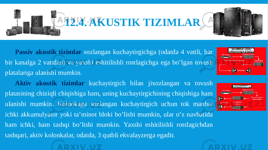 12.4. AKUSTIK TIZIMLAR  Passiv akustik tizimlar sozlangan kuchaytirgichga (odatda 4 vattli, har bir kanalga 2 vattdan) va yaxshi eshitilishli rostlagichga ega bo’lgan tovush platalariga ulanishi mumkin. Aktiv akustik tizimlar kuchaytirgich bilan jixozlangan va tovush platasining chiziqli chiqishiga ham, uning kuchaytirgichining chiqishiga ham ulanishi mumkin. Kolonkaga sozlangan kuchaytirgich uchun tok manbai ichki akkumulyator yoki ta’minot bloki bo’lishi mumkin, ular o’z navbatida ham ichki, ham tashqi bo’lishi mumkin. Yaxshi eshitilishli rostlagichdan tashqari, aktiv kolonkalar, odatda, 3 qutbli ekvalayzerga egadir. 