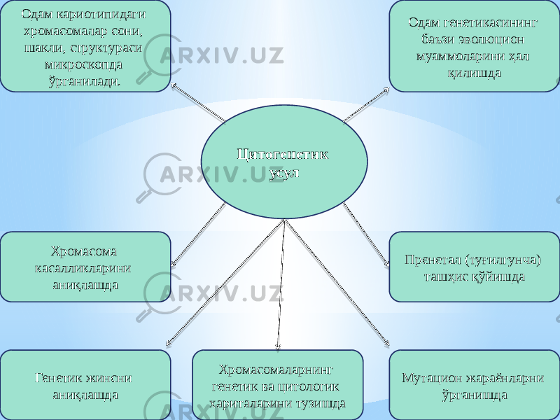 Цитогенетик усулОдам кариотипидаги хромасомалар сони, шакли, структураси микроскопда ўрганилади. Хромасома касалликларини аниқлашда Генетик жинсни аниқлашда Хромасомаларнинг генетик ва цитологик хариталарини тузишда Мутацион жараёнларни ўрганишдаПренетал (туғилгунча) ташҳис қўйишдаОдам генетикасининг баъзи эволюцион муаммоларини ҳал қилишда 