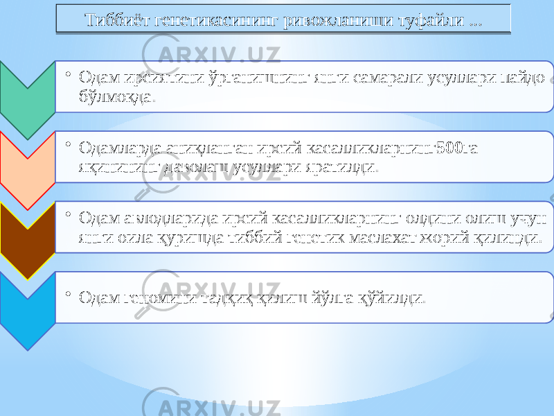 • Одам ирсиятини ўрганишнинг янги самарали усуллари пайдо бўлмоқда. • Одамларда аниқланган ирсий касалликларнинг 500 га яқинининг даволаш усуллари яратилди. • Одам авлодларида ирсий касалликларнинг олдини олиш учун янги оила қуришда тиббий генетик маслахат жорий қилинди. • Одам геномини тадқиқ қилиш йўлга қўйилди. Тиббиёт генетикасининг ривожланиши туфайли ... 24 