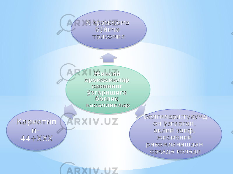 Жинсий хромосмалар сонининг ўзгаришига боғлиқ касалликларХ-хромосома бўйича трисомия Белгилари:тухумд он ўзгарган, ақлий заиф, жисмоний ривожланишдан орқада қоладиКариотип и- 44+ХХХ27 0E 03 10 0F 1A07 312725 0E 0B 45 05 12 1F08 1308 05 3E 08 43 