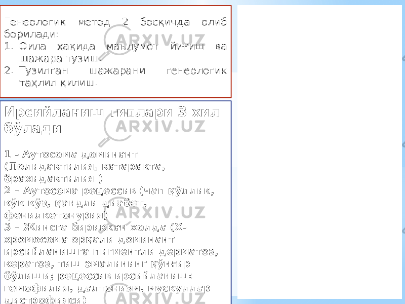 Ирсийланиш типлари 3 хил бўлади 1 - Аутосома доминант (Полидактилия, катаракта, брахидактилия ) 2 – Аутосома рецессив (чап қўллик, кўк кўз, қандли диабет, фенилкетонурия) 3 – Жинсга бириккан холда (Х- хромосома орқали доминант ирсийланишга пигментли дерматоз, кератоз, тиш эмалининг қўнғир бўлиши; рецессив ирсийланиш: гемофилия, далтонизм, мускуллар дистрофияси) У-хромосома орқали – фақат эркаклар касалланади: гипертрихоз. Генеологик метод 2 босқичда олиб борилади: 1. Оила ҳақида маълумот йиғиш ва шажара тузиш. 2. Тузилган шажарани генеологик таҳлил қилиш. 