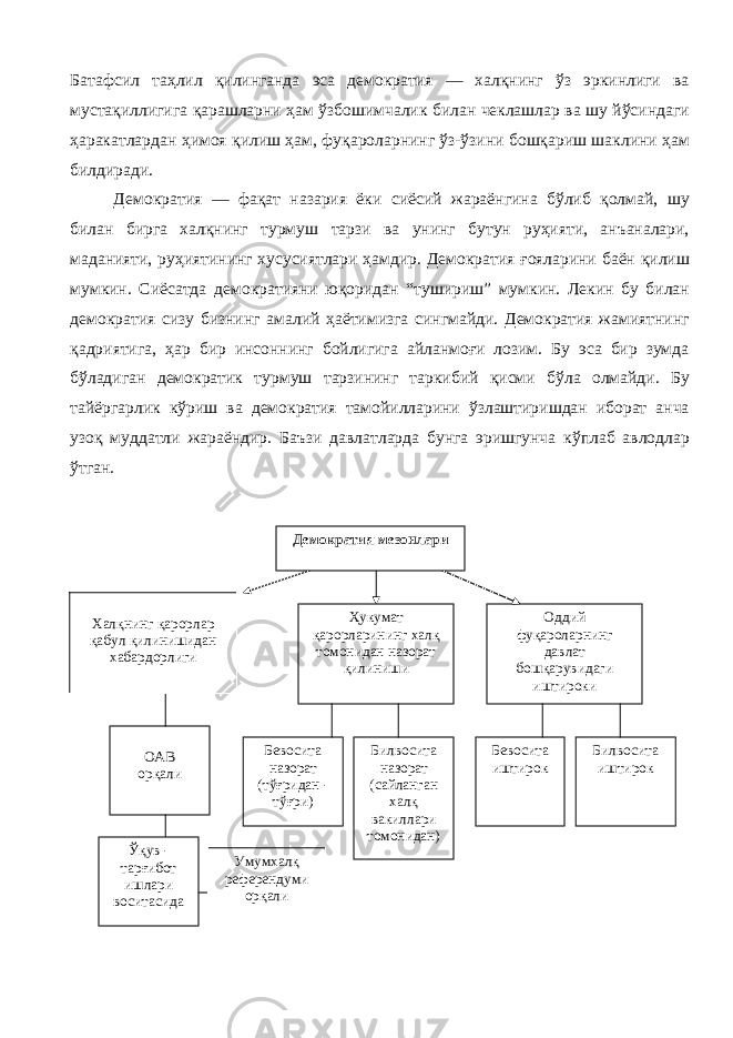 Батафсил таҳлил қилинганда эса демократия — халқнинг ўз эркинлиги ва мустақиллигига қарашларни ҳам ўзбошимчалик билан чеклашлар ва шу йўсиндаги ҳаракатлардан ҳимоя қилиш ҳам, фуқароларнинг ўз-ўзини бошқариш шаклини ҳам билдиради. Демократия — фақат назария ёки сиёсий жараёнгина бўлиб қолмай, шу билан бирга халқнинг турмуш тарзи ва унинг бутун руҳияти, анъаналари, маданияти, руҳиятининг хусусиятлари ҳамдир. Демократия ғояларини баён қилиш мумкин. Сиёсатда демократияни юқоридан “тушириш” мумкин. Лекин бу билан демократия сизу бизнинг амалий ҳаётимизга сингмайди. Демократия жамиятнинг қадриятига, ҳар бир инсоннинг бойлигига айланмоғи лозим. Бу эса бир зумда бўладиган демократик турмуш тарзининг таркибий қисми бўла олмайди. Бу тайёргарлик кўриш ва демократия тамойилларини ўзлаштиришдан иборат анча узоқ муддатли жараёндир. Баъзи давлатларда бунга эришгунча кўплаб авлодлар ўтган. Оддий фуқароларнинг давлат бошқарувидаги иштирокиҲукумат қарорларининг халқ томонидан назорат қилиниши ОАВ орқали Бевосита назорат (тўғридан - тўғри) Билвосита назорат (сайланган халқ вакиллари томонидан) Бевосита иштирок Билвосита иштирок Ўқув - тарғибот ишлари воситасида Демократия мезонлари Халқнинг қарорлар қабул қилинишидан хабардорлиги Умумхалқ референдуми орқали 