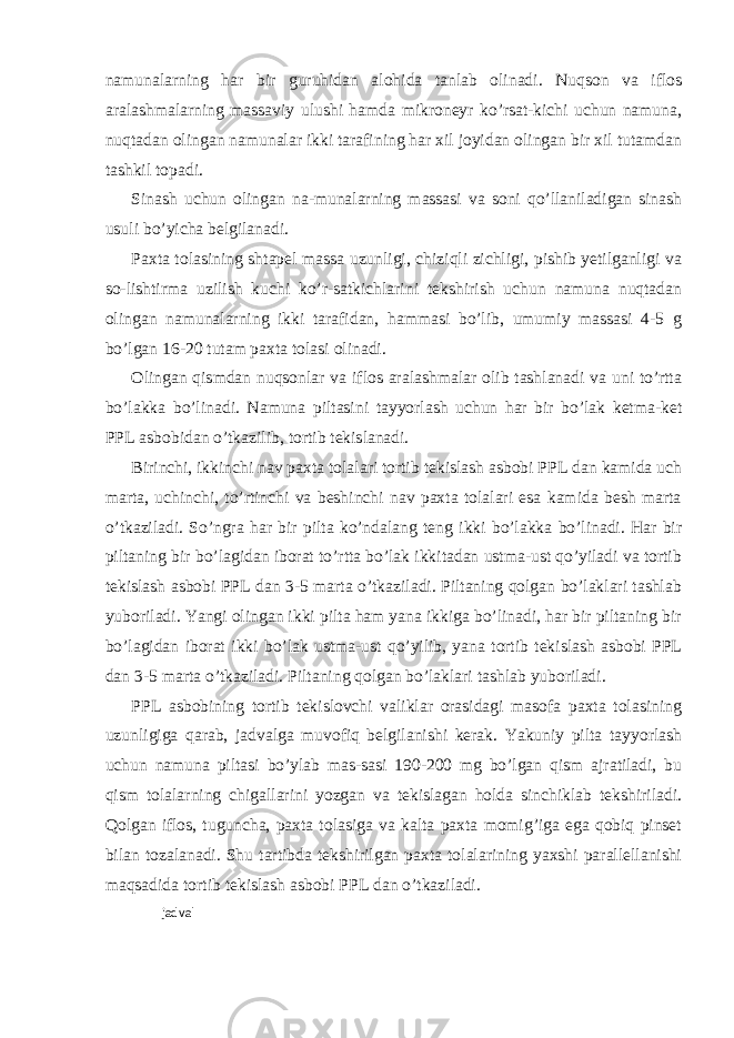 namunalarning har bir guruhidan alohida tanlab olinadi. Nuqson va iflos aralashmalarning massaviy ulushi hamda mikroneyr ko’rsat-kichi uchun namuna, nuqtadan olingan namunalar ikki tarafining har xil joyidan olingan bir xil tutamdan tashkil topadi. Sinash uchun olingan na-munalarning massasi va soni qo’llaniladigan sinash usuli bo’yicha belgilanadi. Paxta tolasining shtapel massa uzunligi, chiziqli zichligi, pishib yetilganligi va so-lishtirma uzilish kuchi ko’r-satkichlarini tekshirish uchun namuna nuqtadan olingan namunalarning ikki tarafidan, hammasi bo’lib, umumiy massasi 4-5 g bo’lgan 16-20 tutam paxta tolasi olinadi. Olingan qismdan nuqsonlar va iflos aralashmalar olib tashlanadi va uni to’rtta bo’lakka bo’linadi. Namuna piltasini tayyorlash uchun har bir bo’lak ketma-ket PPL asbobidan o’tkazilib, tortib tekislanadi. Birinchi, ikkinchi nav paxta tolalari tortib tekislash asbobi PPL dan kamida uch marta, uchinchi, to’rtinchi va beshinchi nav paxta tolalari esa kamida besh marta o’tkaziladi. So’ngra har bir pilta ko’ndalang teng ikki bo’lakka bo’linadi. Har bir piltaning bir bo’lagidan iborat to’rtta bo’lak ikkitadan ustma-ust qo’yiladi va tortib tekislash asbobi PPL dan 3-5 marta o’tkaziladi. Piltaning qolgan bo’laklari tashlab yuboriladi. Yangi olingan ikki pilta ham yana ikkiga bo’linadi, har bir piltaning bir bo’lagidan iborat ikki bo’lak ustma-ust qo’yilib, yana tortib tekislash asbobi PPL dan 3-5 marta o’tkaziladi. Piltaning qolgan bo’laklari tashlab yuboriladi. PPL asbobining tortib tekislovchi valiklar orasidagi masofa paxta tolasining uzunligiga qarab, jadvalga muvofiq belgilanishi kerak. Yakuniy pilta tayyorlash uchun namuna piltasi bo’ylab mas-sasi 190-200 mg bo’lgan qism ajratiladi, bu qism tolalarning chigallarini yozgan va tekislagan holda sinchiklab tekshiriladi. Qolgan iflos, tuguncha, paxta tolasiga va kalta paxta momig’iga ega qobiq pinset bilan tozalanadi. Shu tartibda tekshirilgan paxta tolalarining yaxshi parallellanishi maqsadida tortib tekislash asbobi PPL dan o’tkaziladi. jadval 