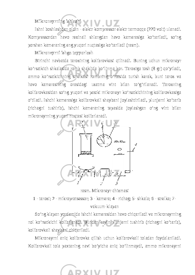 Mikroneyrning ishlashi Ishni boshlashdan oldin - elektr kompressor elektr tarmoqqa (220 volt) ulanadi. Kompressordan havo rezinali shlangdan havo kamerasiga ko’tariladi, so’ng porshen kameraning eng yuqori nuqtasiga ko’tariladi (rasm). Mikroneyrni ishga tayyorlash Birinchi navbatda tarozining kolibrovkasi qilinadi. Buning uchun mikroneyr ko’rsatkich shkalasida romb shaklida bo’linma bor. Taroziga tosh (8 gr) qo’yiladi, ammo ko’rsatkichning strelkasi rombning o’rtasida turish kerak, buni taroz va havo kamerasining orasidagi uzatma vint bilan to’g’rilanadi. Tarozning kolibrovkasidan so’ng yuqori va pastki mikroneyr ko’rsatkichining kolibrovkasiga o’tiladi. Ishchi kamerasiga kolibrovkali shaybani joylashtiriladi, plunjerni ko’tarib (richagni tushirib), ishchi kameraning tepasida joylashgan o’ng vint bilan mikroneyrning yuqori nuqtasi kolibrlanadi. rasm. Mikroneyr chizmasi 1 - tarozi; 2 - mikroprotsessor; 3 - kamera; 4 - richag; 5- shkala; 6 - strelka; 7- vakuum-klapan So’ng klapan yordamida ishchi kamerasidan havo chiqariladi va mikroneyrning nol ko’rsatkichi kolibrlanadi. Bundan keyin plunjerni tushirib (richagni ko’tarib), kolibrovkali shaybani chiqariladi. Mikroneyrni aniq kolibrovka qilish uchun kolibrovkali toladan foydalaniladi. Kolibrovkali tola paxtaning navi bo’yicha aniq bo’linmaydi, ammo mikroneyrni 