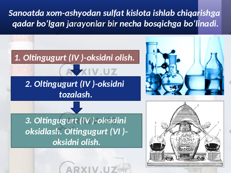 3. Oltingugurt (IV )-oksidini oksidlash. Oltingugurt (VI )- oksidni olish.Sanoatda xom-ashyodan sulfat kislota ishlab chiqarishga qadar bo‘lgan jarayonlar bir necha bosqichga bo‘linadi. 1. Oltingugurt (IV )-oksidni olish. 2. Oltingugurt (IV )-oksidni tozalash. 