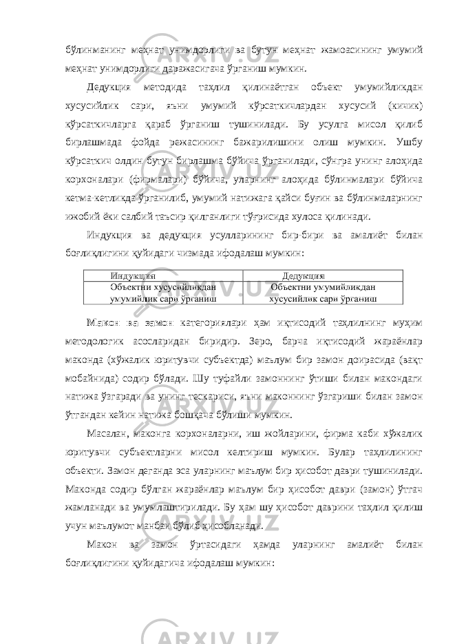 бўлинманинг меҳнат унимдорлиги ва бутун меҳнат жамоасининг умумий меҳнат унимдорлиги даражасигача ўрганиш мумкин. Дедукция методида таҳлил қилинаётган объект умумийликдан хусусийлик сари, яъни умумий кўрсаткичлардан хусусий (кичик) кўрсаткичларга қараб ўрганиш тушинилади. Бу усулга мисол қилиб бирлашмада фойда режасининг бажарилишини олиш мумкин. Ушбу кўрсаткич олдин бутун бирлашма бўйича ўрганилади, сўнгра унинг алоҳида корхоналари (фирмалари) бўйича, уларнинг алоҳида бўлинмалари бўйича кетма-кетликда ўрганилиб, умумий натижага қайси буғин ва бўлинмаларнинг ижобий ёки салбий таъсир қилганлиги тўғрисида хулоса қилинади. Индукция ва дедукция усулларининг бир-бири ва амалиёт билан боғлиқлигини қуйидаги чизмада ифодалаш мумкин: Макон ва замон категориялари ҳам иқтисодий таҳлилнинг муҳим методологик асосларидан биридир. Зеро, барча иқтисодий жараёнлар маконда (хўжалик юритувчи субъектда) маълум бир замон доирасида (вақт мобайнида) содир бўлади. Шу туфайли замоннинг ўтиши билан макондаги натижа ўзгаради ва унинг тескариси, яъни маконнинг ўзгариши билан замон ўтгандан кейин натижа бошқача бўлиши мумкин. Масалан, маконга корхоналарни, иш жойларини, фирма каби хўжалик юритувчи субъектларни мисол келтириш мумкин. Булар таҳлилининг объекти. Замон деганда эса уларнинг маълум бир ҳисобот даври тушинилади. Маконда содир бўлган жараёнлар маълум бир ҳисобот даври (замон) ўтгач жамланади ва умумлаштирилади. Бу ҳам шу ҳисобот даврини таҳлил қилиш учун маълумот манбаи бўлиб ҳисобланади. Макон ва замон ўртасидаги ҳамда уларнинг амалиёт билан боғлиқлигини қуйидагича ифодалаш мумкин: 