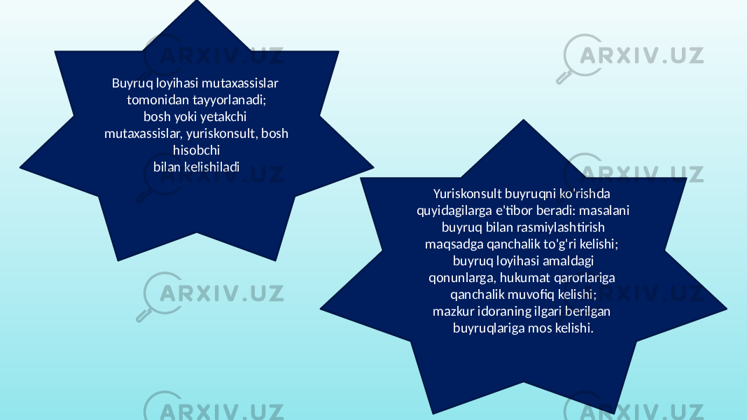 Buyruq loyihasi mutaxassislar tomonidan tayyorlanadi; bosh yoki yetakchi mutaxassislar, yuriskonsult, bosh hisobchi bilan kelishiladi Yuriskonsult buyruqni ko&#39;rishda quyidagilarga e&#39;tibor beradi: masalani buyruq bilan rasmiylashtirish maqsadga qanchalik to&#39;g&#39;ri kelishi; buyruq loyihasi amaldagi qonunlarga, hukumat qarorlariga qanchalik muvofiq kelishi; mazkur idoraning ilgari berilgan buyruqlariga mos kelishi. 