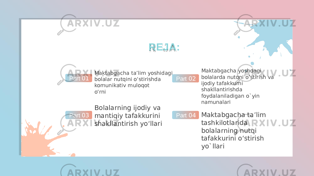 REJA:REJA: Maktabgacha ta’lim yoshidagi bolalar nutqini o‘stirishda komunikativ muloqot o‘rniPart 01 Maktabgacha yoshdagi bolalarda nutqni o’stirish va ijodiy tafakkurni shakllantirishda foydalaniladigan o`yin namunalariPart 02 Bolalarning ijodiy va mantiqiy tafakkurini shakllantirish yo‘llari Part 03 Maktabgacha ta’lim tashkilotlarida bolalarning nutqi tafakkurini o‘stirish yo`llariPart 04 