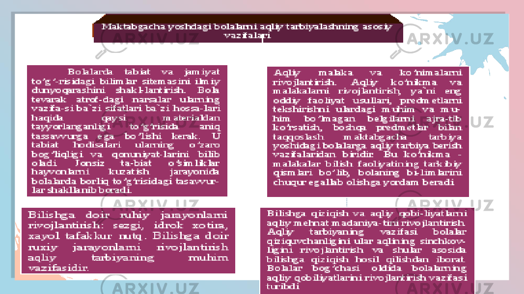 Maktabgacha yoshdagi bolalar nutqini rivojlantirish &#34;Ilk qadam&#34; Davlat o&#39;quv dasturida belgilangan bolalarga ta&#39;lim berishda kompetentsiyaviy yondashuvning muhim qismi sanaladi. 6-7 yoshli bolaning umumiy muhim kompetentsiyalari sifatida birinchi navbatda, kommunikativ kompetentsiya, ya&#39;ni muloqot vositalaridan turli vaziyatlarda foydalana bilish ko&#39;nikmasini shakllantirish belgilangan. Demak, tarbiyalanuvchilarning o&#39;yin, bilish va ijtimoiy kompetentsiyasi qatorida muloqot kompetentsiyasi asosiy o&#39;rinni egallaydi. Shunday ekan, MTTda har bir ta&#39;limiy faoliyat mazmunida bolaning nutqini o&#39;stirish va muloqotchanlik ko&#39;nikmalarini shakllantirish asosiy vazifa hisoblanadi. Bola yangi bilimlarni o&#39;yinlar va didaktik vositalar asosida o&#39;zlashtirganida samaradorlik yuqori bo&#39;ladi0602 132A 1713 07130F2B 0F190D13 0820 07130F2B 200702 0F19 080E 08 