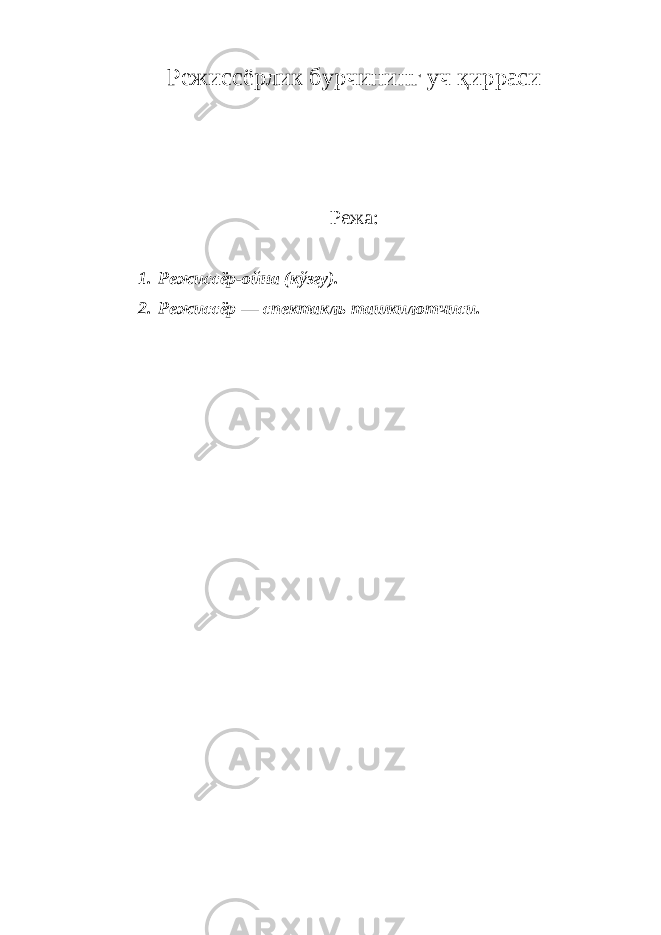 Режиссёрлик бурчининг уч қирраси Режа: 1. Режиссёр-ойна (кўзгу). 2. Режиссёр — спектакль ташкилотчиси. 