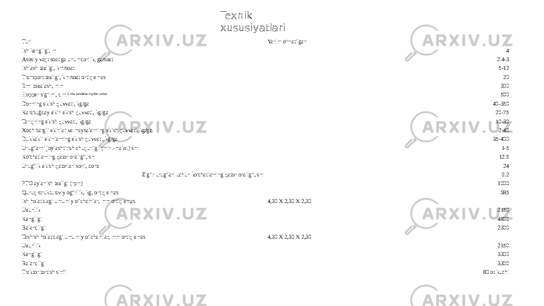 Turi Yarim o&#39;rnatilgan Ish kengligi, m 4 Asosiy vaqt soatiga unumdorlik, ga/soat 2.4-3 Ishlash tezligi, km/soat 5-12 Transport tezligi, km/soat ortiq emas 20 Erni tozalash, mm 300 Hopper sig&#39;imi, dm  3, shu jumladan o&#39;g&#39;itlar uchun 500 Donning ekish quvvati, kg/ga 40-350 Karabuğday ekin ekish quvvati, kg/ga 20-75 Tariqning ekish quvvati, kg/ga 10-30 Xoch bargli ekinlar va maysalarning ekish quvvati, kg/ga 2-40 Dukkakli ekinlarning ekish quvvati, kg/ga 35-400 Urug&#39;larni joylashtirish chuqurligi (min.-maks.) sm 1-5 Ko&#39;chatlarning qator oralig&#39;i, sm 12.5 Urug&#39;lik ekish qatorlari soni, dona 24 Zig&#39;ir urug&#39;lari uchun ko&#39;chatlarning qator oralig&#39;i, sm 6.2 PTO aylanish tezligi (rpm) 1000 Quruq strukturaviy og&#39;irlik, kg, ortiq emas 685 Ish holatidagi umumiy o&#39;lchamlar, mm ortiq emas 4,30 X 2,30 X 2,30 Uzunlik 2150 Kengligi 4800 Balandligi 2300 Tashish holatidagi umumiy o&#39;lchamlar, mm ortiq emas 4,30 X 2,30 X 2,30 Uzunlik 2150 Kengligi 3300 Balandligi 3300 Traktor tortish sinfi 80 ot kuchiTexnik xususiyatlari 