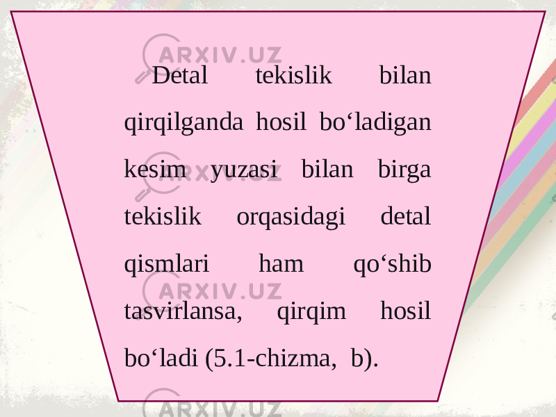 Detal tekislik bilan qirqilganda hosil bo‘ladigan kesim yuzasi bilan birga tekislik orqasidagi detal qismlari ham qo‘shib tasvirlansa, qirqim hosil bo‘ladi (5.1-chizma, b). 