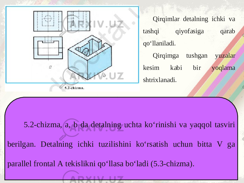 Qirqimlar detalning ichki va tashqi qiyofasiga qarab qo‘llaniladi. Qirqimga tushgan yuzalar kesim kabi bir yoqlama shtrixlanadi. 5.2-chizma, a, b da detalning uchta ko‘rinishi va yaqqol tasviri berilgan. Detalning ichki tuzilishini ko‘rsatish uchun bitta V ga parallel frontal A tekislikni qo‘llasa bo‘ladi (5.3-chizma). 