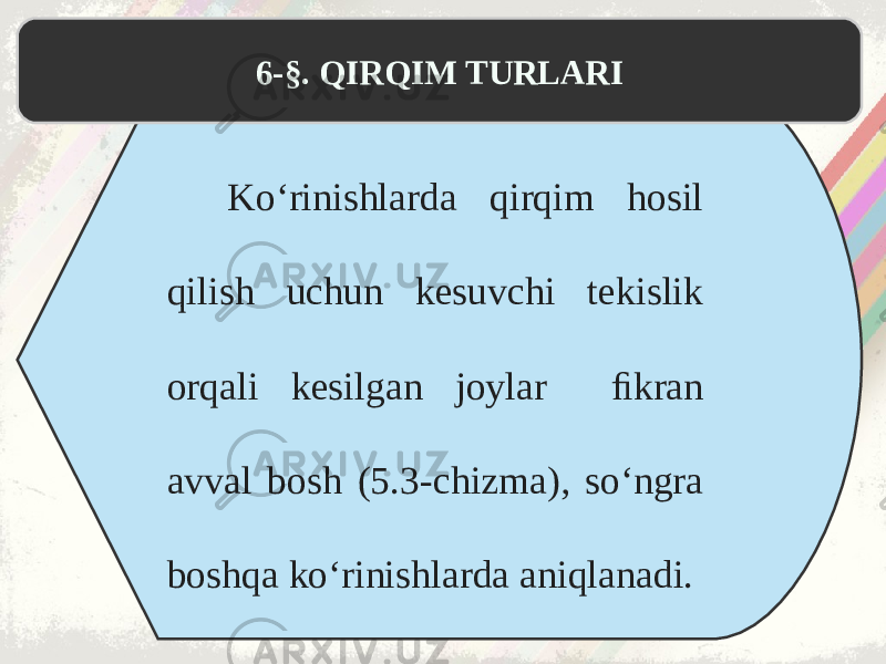 Ko‘rinishlarda qirqim hosil qilish uchun kesuvchi tekislik orqali kesilgan joylar ﬁkran avval bosh (5.3-chizma), so‘ngra boshqa ko‘rinishlarda aniqlanadi. 6-§. QIRQIM TURLARI 