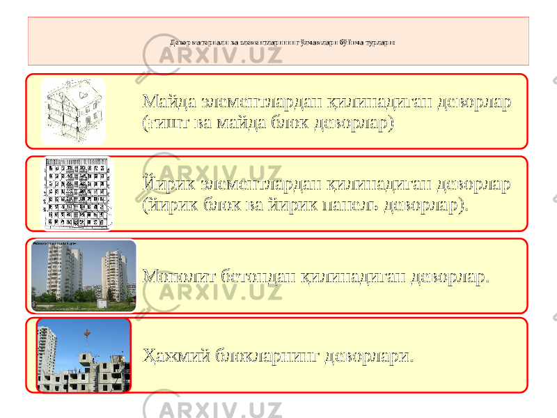 Девор материали ва элементларининг ўлчамлари бўйича турлари: Майда элементлардан қилинадиган деворлар (ғишт ва майда блок деворлар) Йирик элементлардан қилинадиган деворлар (йирик блок ва йирик панель деворлар). Монолит бетондан қилинадиган деворлар. Ҳажмий блокларнинг деворлари. 