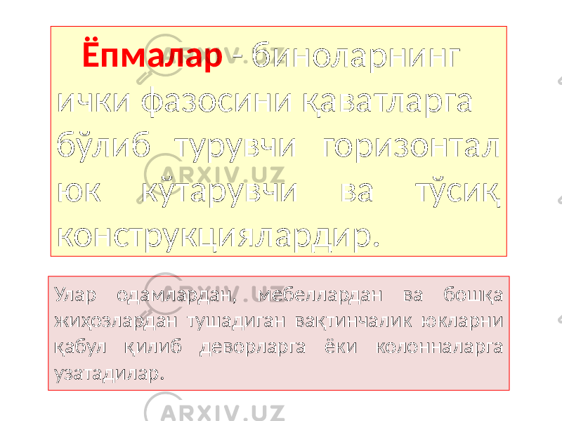  Ёпмалар - биноларнинг ички фазосини қаватларга бўлиб турувчи горизонтал юк кўтарувчи ва тўсиқ конструкциялардир. Улар одамлардан, мебеллардан ва бошқа жиҳозлардан тушадиган вақтинчалик юкларни қабул қилиб деворларга ёки колонналарга узатадилар. 