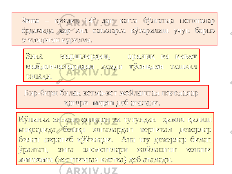 Зина – қиялик 14° дан катта бўлганда поғоналар ёрдамида ҳар хил сатҳларга кўтарилиш учун барпо этиладиган қурилма. Зина маршлардан, оралиқ ва қават майдончаларидан ҳамда тўсиқдан ташкил топади. Бир-бири билан кетма-кет жойлашган поғоналар қатори марш деб аталади. Кўпинча зинани оловдан ва тутундан ҳимоя қилиш мақсадида бошқа хоналардан вертикал деворлар билан ажратиб қўйилади. Ана шу деворлар билан ўралган, зина элементлари жойлашган хонани зинахона (лестничная клетка) деб аталади. 