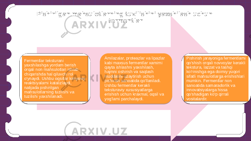 Pishirilgan mahsulotlarning tuzilishini yaxshilash uchun fermentlar Fermentlar teksturani yaxshilashga yordam berish orqali non mahsulotlari ishlab chiqarishda hal qiluvchi rol o&#39;ynaydi. Ushbu oqsillar kimyoviy reaktsiyalarni katalizlaydi, natijada pishirilgan mahsulotlarning tuzilishi va tuzilishi yaxshilanadi. Amilazalar, proteazlar va lipazlar kabi maxsus fermentlar xamirni qayta ishlashni yaxshilash, hajmni oshirish va saqlash muddatini uzaytirish uchun pishirish sanoatida qo&#39;llaniladi. Ushbu fermentlar kerakli teksturaviy xususiyatlarga erishish uchun kraxmal, oqsil va yog&#39;larni parchalaydi. Pishirish jarayoniga fermentlarni qo&#39;shish orqali novvoylar kerakli tekstura, lazzat va tashqi ko&#39;rinishga ega doimiy yuqori sifatli mahsulotlarga erishishlari mumkin. Fermentlar non sanoatida samaradorlik va innovatsiyalarga hissa qo&#39;shadigan ko&#39;p qirrali vositalardir. 