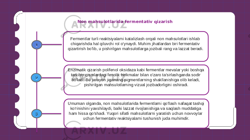 Non mahsulotlarida fermentativ qizarish Fermentlar turli reaktsiyalarni katalizlash orqali non mahsulotlari ishlab chiqarishda hal qiluvchi rol o&#39;ynaydi. Muhim jihatlardan biri fermentativ qizartirish bo&#39;lib, u pishirilgan mahsulotlarga jozibali rang va lazzat beradi. Enzimatik qizarish polifenol oksidaza kabi fermentlar mevalar yoki boshqa tarkibiy qismlardagi fenolik birikmalar bilan o&#39;zaro ta&#39;sirlashganda sodir bo&#39;ladi. Bu jarayon jigarrang pigmentlarning shakllanishiga olib keladi, pishirilgan mahsulotlarning vizual jozibadorligini oshiradi. Umuman olganda, non mahsulotlarida fermentlarni qo&#39;llash nafaqat tashqi ko&#39;rinishini yaxshilaydi, balki lazzat rivojlanishiga va saqlash muddatiga ham hissa qo&#39;shadi. Yuqori sifatli mahsulotlarni yaratish uchun novvoylar uchun fermentativ reaktsiyalarni tushunish juda muhimdir.1 2 3 
