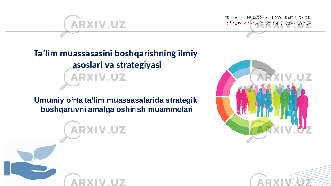 Ta’lim muassasasini boshqarishning ilmiy asoslari va strategiyasi TA’LIM MUASSASASINI RIVOJLANTIRISH VA O‘QUV-TARBIYA JARAYONINI BOSHQARISH Umumiy o‘rta ta’lim muassasalarida strategik boshqaruvni amalga oshirish muammolari 