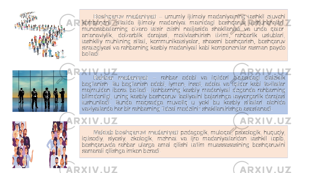 Boshqaruv madaniyati – umumiy ijtimoiy madaniyatning tashkil etuvchi komponenti sifatida ijtimoiy madaniyat matnidagi boshqaruv tushunchalari, munosabatlarning o‘zaro ta’sir etishi natijasida shakllanadi va unda qator: an’anaviylik, dolzarblik darajasi, motivlashtirish tizimi; rahbarlik uslublari, tashkiliy muhitning sifati; kommunikatsiyalar; shaxsni boshqarish; boshqaruv strategiyasi va rahbarning kasbiy madaniyati kabi komponentlar rasman paydo bo‘ladi. Rahbar madaniyati – rahbar odobi va iqtidori o‘rtasidagi dialektik bog‘lanish. Bu bog‘lanish odobi, iymon, insof, adolat va iqtidor kabi fazilatlar majmuidan iborat bo‘ladi. Rahbarning kasbiy madaniyati deganda rahbarning bilimdonligi, uning kasbiy boshqaruv faoliyatini bajarishga tayyorgarlik darajasi tushuniladi. Bunda maqsadga muvofiq u yoki bu kasbiy sifatlari alohida vaziyatlarda har bir rahbarning “ideal modelini” shakllantirishga asoslanadi. Maktab boshqaruvi madaniyati pedagogik, muloqat, psixologik, huquqiy, iqtisodiy, siyosiy, ekologik, mehnat va ijro madaniyatlaridan tashkil topib, boshqaruvda rahbar ularga amal qilishi ta’lim muassasasining boshqaruvini samarali qilishga imkon beradi. 